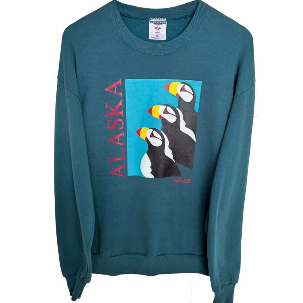 Jerzees Teal Alaska Puffin Sweatshirt Cotton Men's Large